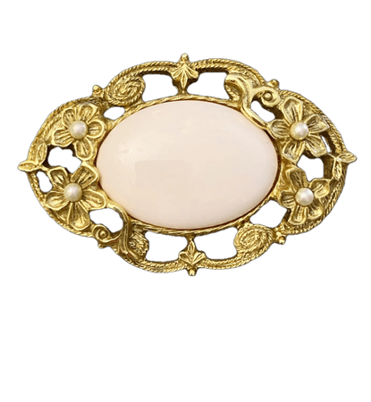 Mid-century vintage does Victorian Edwardian aged gold toned metal & pale pink cabochon oval floral brooch, c 1960s cottagecore flower pin