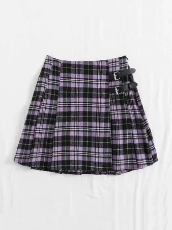 Plaid Buckled Pleated Mini Skirt | SHEIN USA