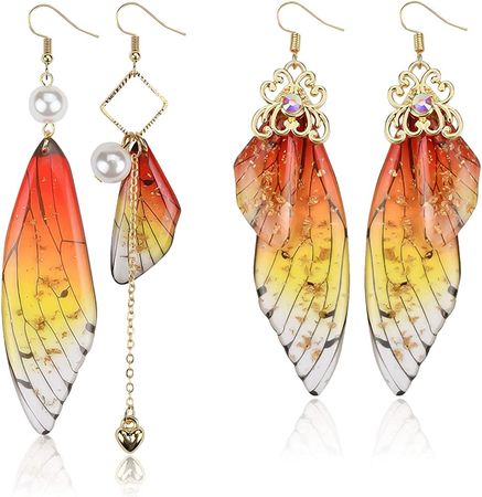 Amazon.com: ABONDEVER Cottagecore Butterfly Wing Earrings 1 Pair 14K Gold Foil Fairy Wing Earrings & 1 Pair Fairycore Asymmetrical Earrings for Women Drop Dangle Earrings(gold foil Orange): Clothing, Shoes & Jewelry