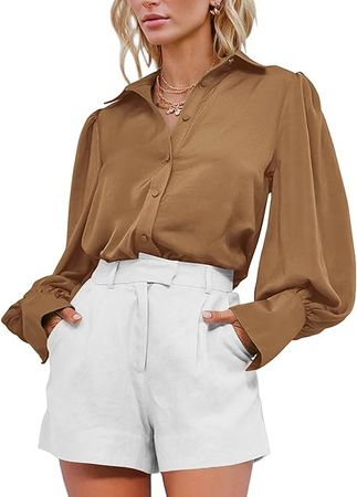 BTFBM Women's Satin Button Down Shirts Summer Fall Lantern Long Sleeve Lapel V Neck Blouse Loose Casual Office Work Tops at Amazon Women’s Clothing store