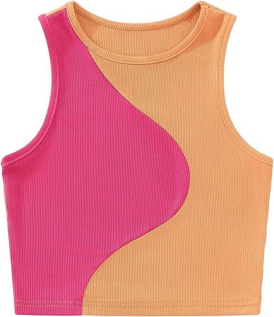 SweatyRocks Women's Summer Ribbed Knit Sleeveless Vest Color Block Crop Tank Top at Amazon Women’s Clothing store