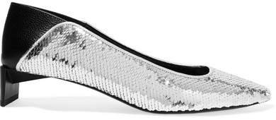 Leather-paneled Sequined Canvas Collapsible-heel Pumps - Silver