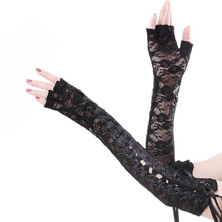 DreamHigh Womens Sexy Elbow Length Punk Fingerless Lace Up Arm Warmer Lace Gloves, Black, One Size