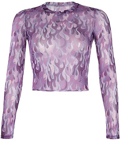 XLNB 3D Printed T Shirts Women Sexy Sheer Mesh Tops Blouse Casual Long Sleeves Round Neck,Purple,L: Amazon.co.uk: Clothing