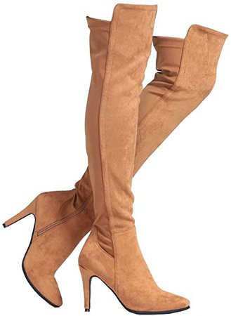 Amazon.com | Shoe'N Tale Women Faux Suede Chunky Heel Stretch Over The Knee Thigh High Boots (9, C-Brown Stiletto Heel) | Over-the-Knee