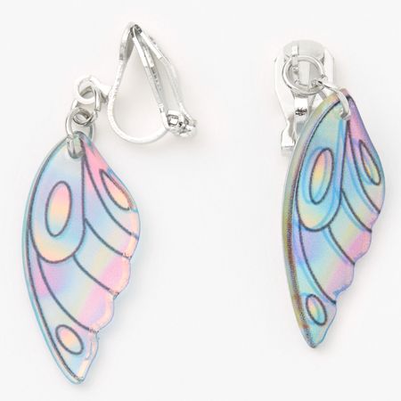 Silver 1" Pastel Holographic Butterfly Wing Clip On Drop Earrings | Claire's