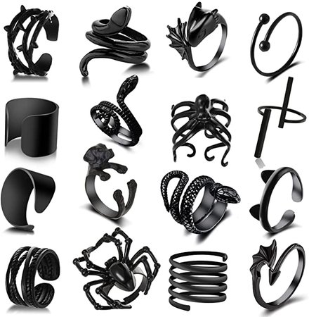 *clipped by @luci-her* 16 PCS Y2K Open Black Vintage Golden Punk Rings for Women Girls Mens Cat Snake Bat Devil Wing Dog Spider Rose Adjustable Retro Cool Ring Claw Skull Gothic Rings Jewelry|Amazon.com