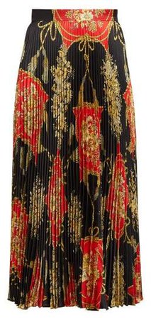 Flower And Tassel Print Pleated Silk Midi Skirt - Womens - Red Multi