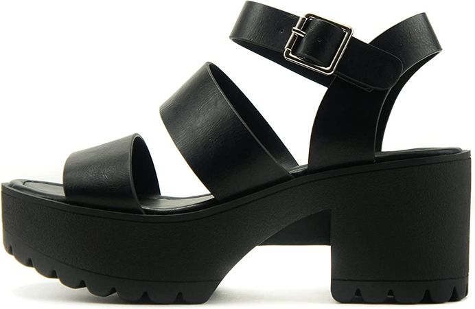 Amazon.com | Soda ACCOUNT ~ Women Open Toe Two Bands Lug sole Fashion Heel Sandals with Adjustable Ankle Strap (Black, numeric_5_point_5) | Shoes