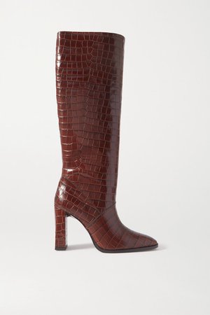 Camilla Croc-effect Leather Knee Boots - Brown
