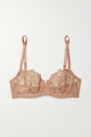 Tan Colette embroidered tulle underwired balconette bra | I.D. Sarrieri | NET-A-PORTER