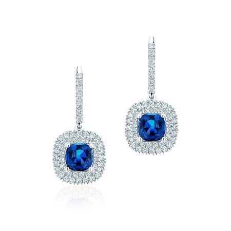 Birks Cushion Cut Sapphire and Diamond Drop Halo Earrings - Meghan's Mirror