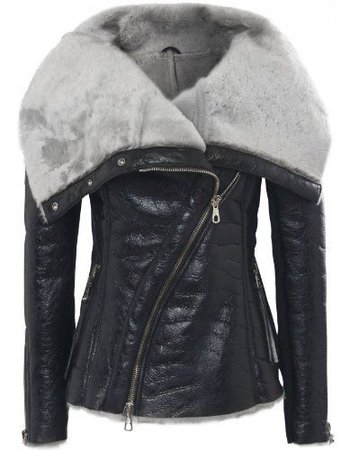 fur collar biker jacket black/grey