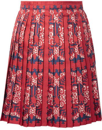 Pleated Printed Silk Mini Skirt - Red