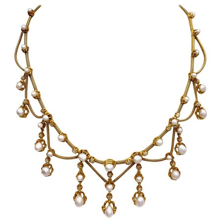 Antique Belle Époque Oriental Pearl Diamond Gold Articulated Necklace France For Sale at 1stDibs