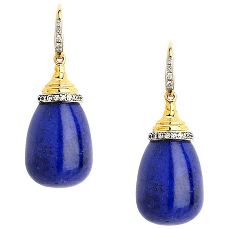 Syna Lapis Lazuli Yellow Gold Drop Earrings with Diamonds For Sale at 1stDibs