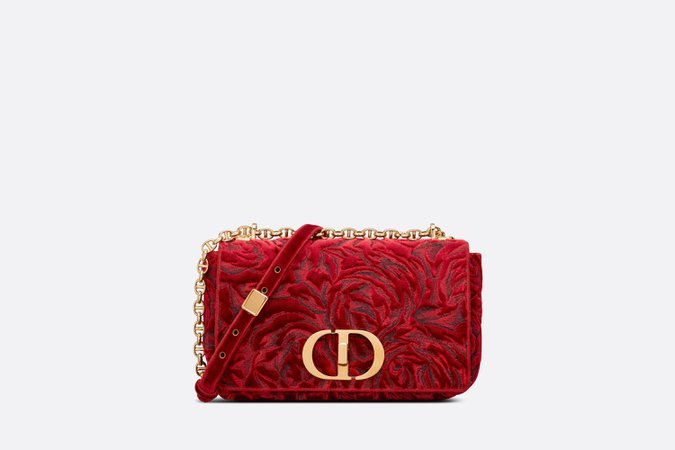 Medium Dior Caro Bag Red Dior Roses Embroidered Velvet | DIOR