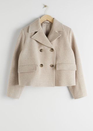Cropped Double Breasted Wool Blend Jacket - Beige - Blazers - & Other Stories