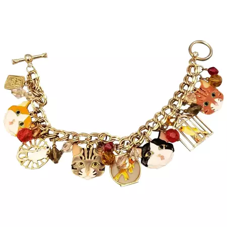Lunch at the Ritz Signed Multi Charm Cats Mouse and Bird in Gilt Cage Bracelet For Sale at 1stDibs