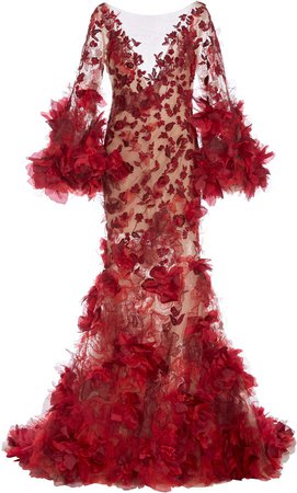 Marchesa Dramatic Floral Mesh Gown