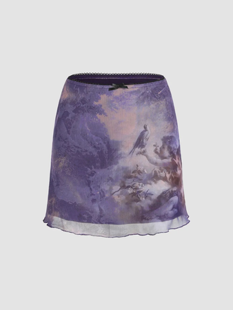 purple mesh angel print skirt