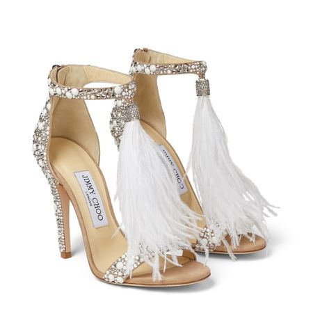 White Suede and Hot Fix Crystal Embellished Sandals with an Ostrich Feather Tassel | Viola 110 | Cruise '16 | JIMMY CHOO
