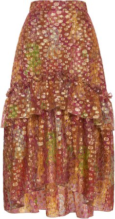Dundas Metallic Floral Silk-Blend Ruffled Midi Skirt Size: 36