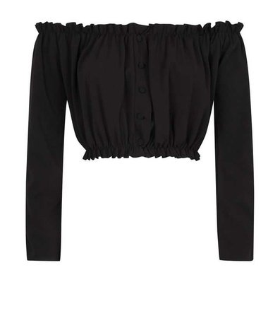 Black Button Front Bardot Party Crop Top | New Look