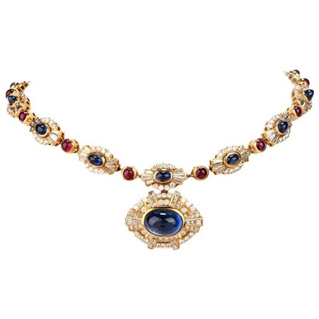 Cabochon Sapphire Ruby diamond 18 Karat Gold Pendant Necklace