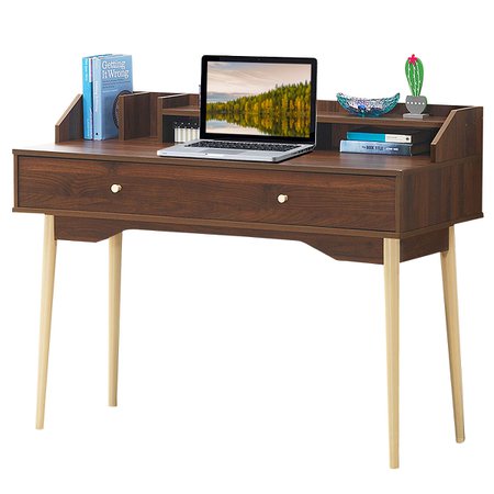 Costway Computer Desk Home Office Writing Desk Study Workstation w/ Hutch & Drawer Brown