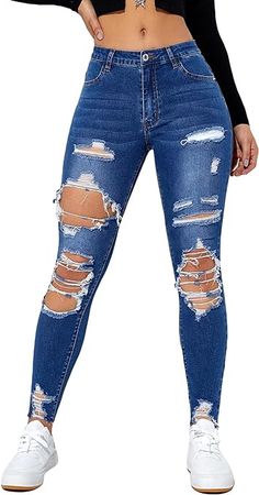Floerns Women's Cut Out Ripped Jeans Raw Hem High Waist Skinny Denim Pants Blue L at Amazon Women's Jeans store