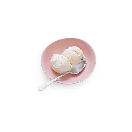 vanilla ice cream in pink bowl with spoon