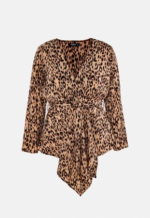 Plus Size Brown Leopard Print Tie Waist Blouse | Missguided