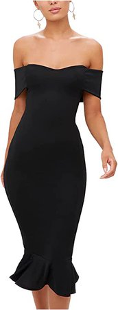 Amazon.com: L'VOW Women's Sexy Off Shoulder Mermaid Midi Bandage Dress Evening Backless Frill Hem Bodycon Fishtail Bardot Club Formal Dress(Black,Medium) : Clothing, Shoes & Jewelry