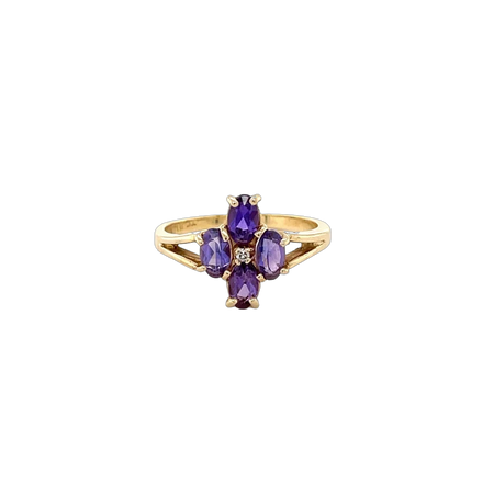 Vintage 14K Gold Flower Gemstone Ring - Amethyst Split Shank - Modern Estate Jewelry - 0082