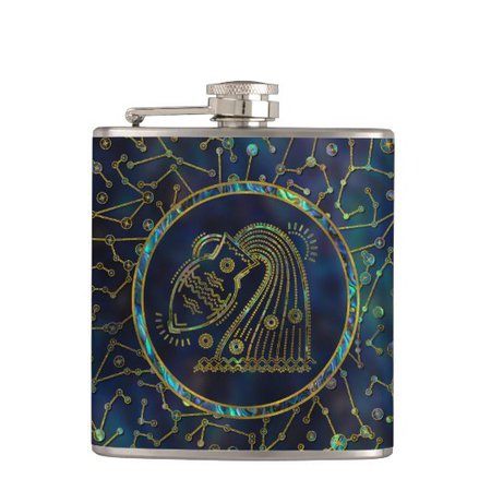 Aquarius Zodiac Gold Abalone on Constellation Hip Flask | Zazzle.com