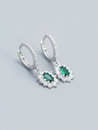 1pair Women's S925 Silver & Cubic Zirconia Luxury Earrings With Green Cubic Zirconia And Elegant Ear Studs | SHEIN