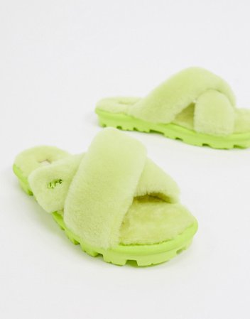 UGG Fuzette cross strap fluffy slippers in neon green | ASOS