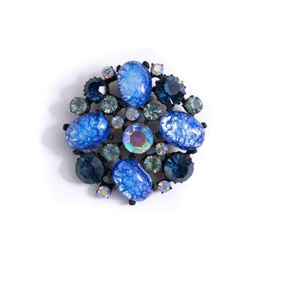 Vintage Claudette Blue Opaline Glass and Blue Rhinestone Medallion Bro - Vintage Meet Modern