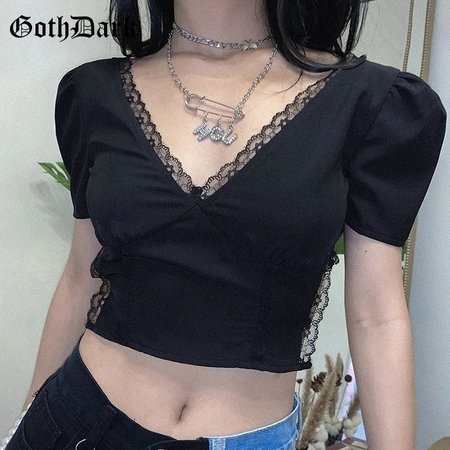 Goth Dark Gothic Sexy Bodycon Lace Women Summer Crop Tops Black Backless Mesh Bandage Female Clothes Fashion Vintage E Girl Tee|T-Shirts| - AliExpress