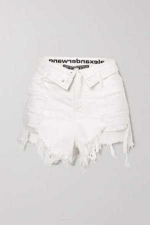Bite Flip Fold-over Embroidered Distressed Denim Shorts - White