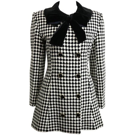 Black and White Harlequin Check Coat With Bow