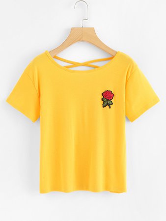 Rose Embroidered Patch Criss Cross Back Tee