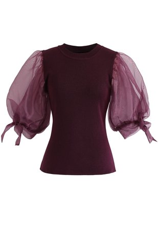 Organza Bubble Sleeves Knit Top in Wine - Retro, Indie and Unique Fashion