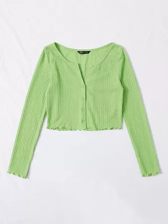 Button Front Lettuce Edge Waffle Knit Tee | SHEIN USA green