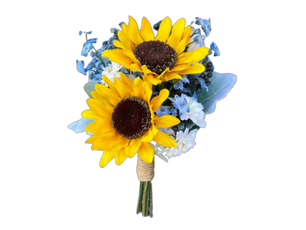 Yellow Sunflower and Blue Bridesmaid Wedding Bouquet, Summer or Fall, Small Rustic Country Wedding Flowers