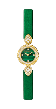 BOUCHERON, SERPENT BOHÈME Jewelry watch in yellow gold with diamonds, malachite dial with 4 diamonds, green calf strap