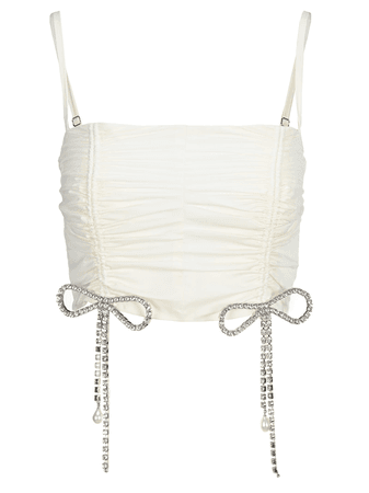 Area Crystal Bow Embellished Crop Top In White