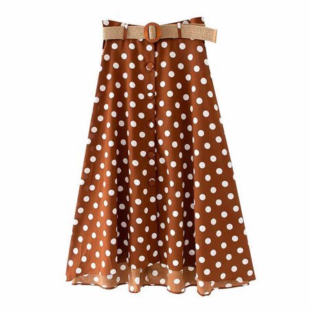 Chic Women Spring Za Long Skirt 2020 Female Fasion Coffee Color Polka Dot Print Skirts With Belt Womne A line Breasted Skirt|Skirts| - AliExpress