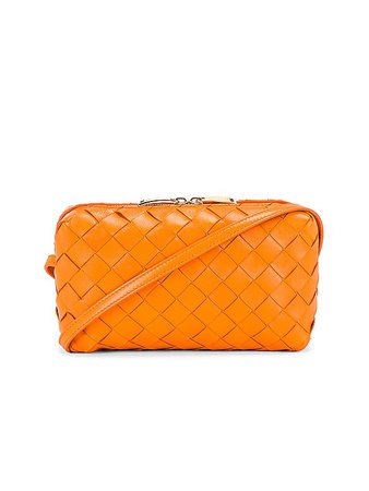 Bottega Veneta Leather Woven Crossbody Bag in Light Orange & Gold | FWRD